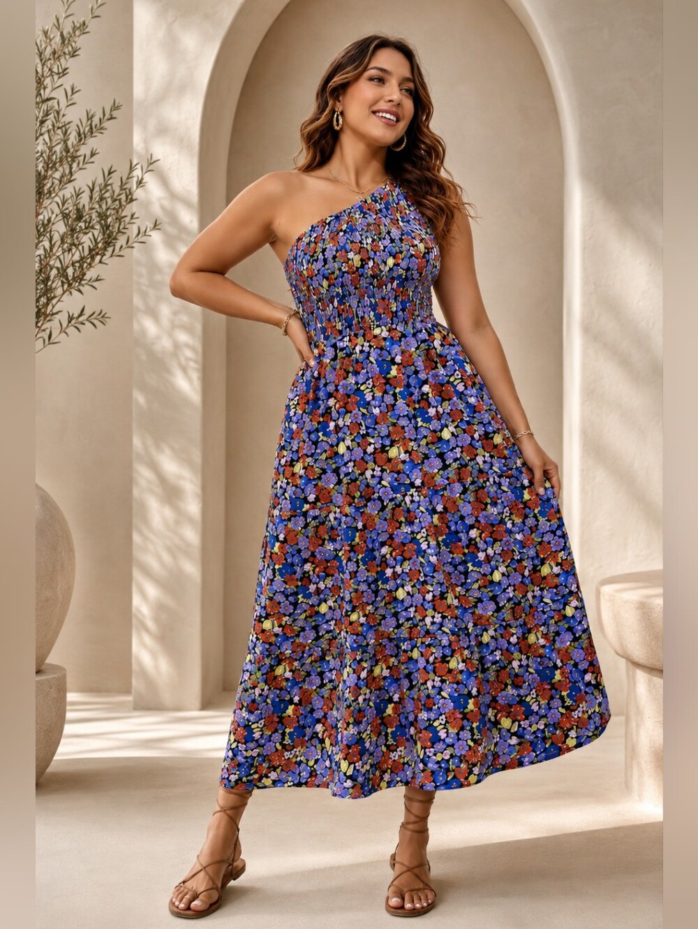 One-Shoulder Floral Midi Dress in Multicolor
